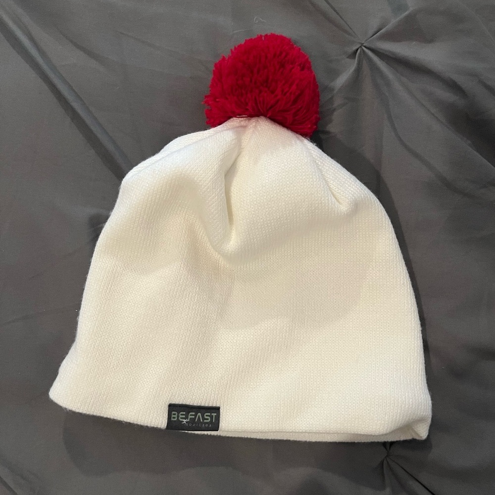 Women's White Winter Beanie with Scarlet Pom